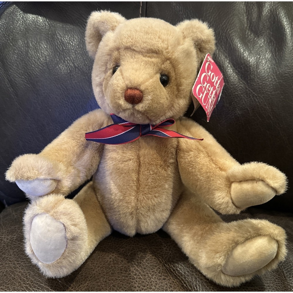 VTG GUND Teddy‎ Bear 1993 Tan Plush Jointed Red Blue Striped  Bow Tie 2299 NEW